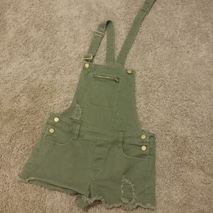 Army Green Distressed Overalls Romper Shorts